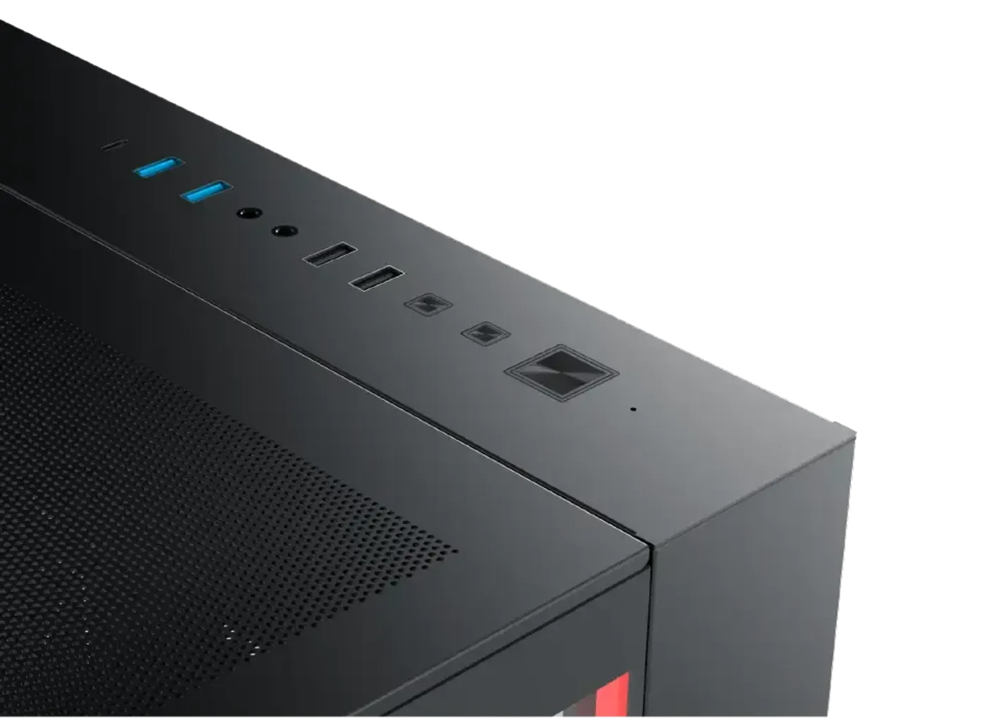 Top-mounted I/O panel with USB-C, USB 3.0, USB 2.0, audio jack, LED switch and power controls