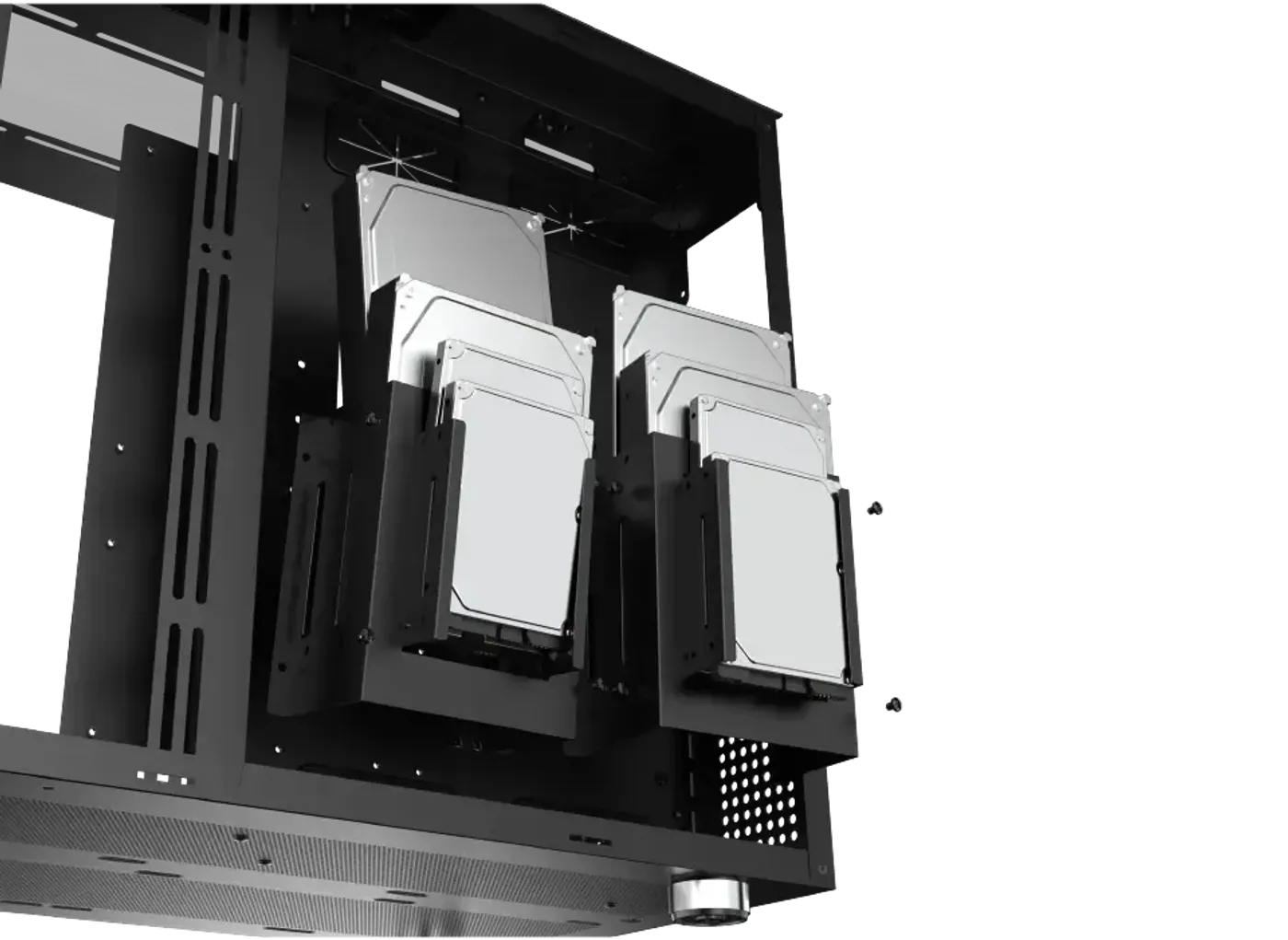 Two-piece removable drive cages for 3.5-inch hard drives and 2.5-inch SSDs