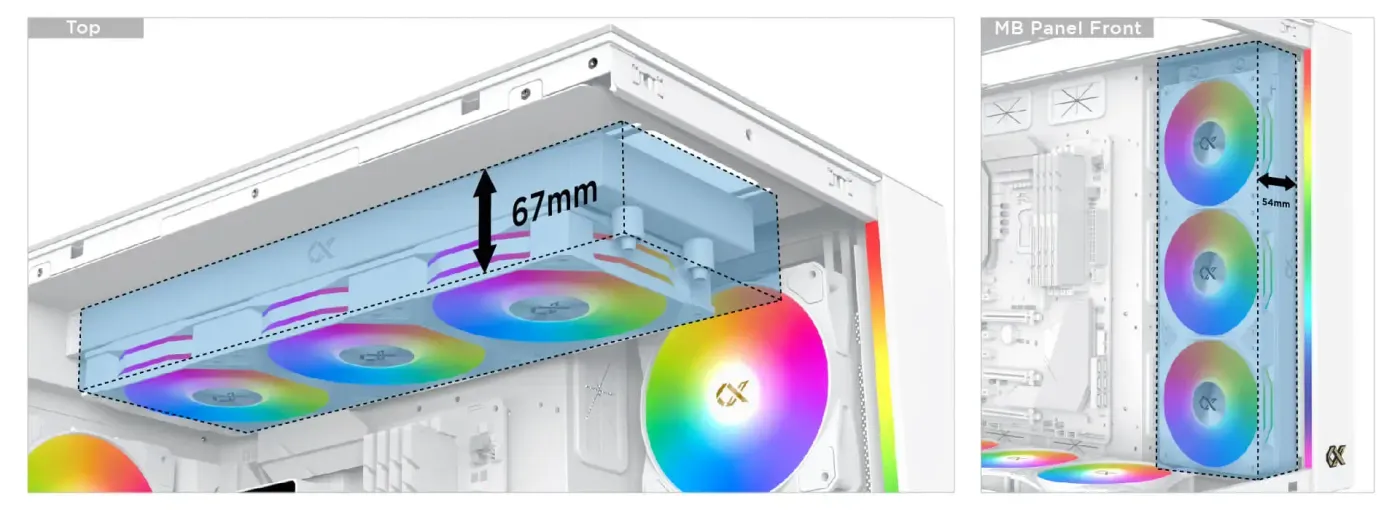Radiator mounting positions shown on the white Aqua Ultra Air chassis