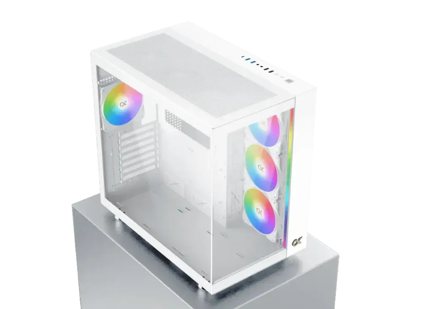 Dual tempered glass front and left panels on the white Aqua Ultra Air with ARGB lighting