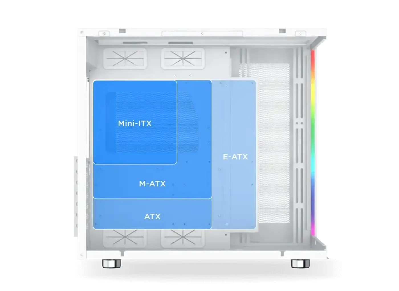 Motherboard tray of the white Aqua Ultra Air sized for E-ATX and ATX boards