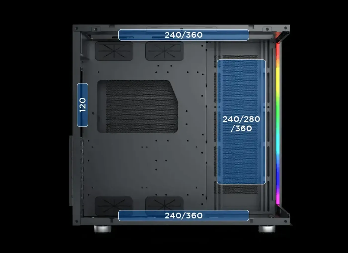 Fan mounting layout across the top and motherboard panel of the Aqua Ultra