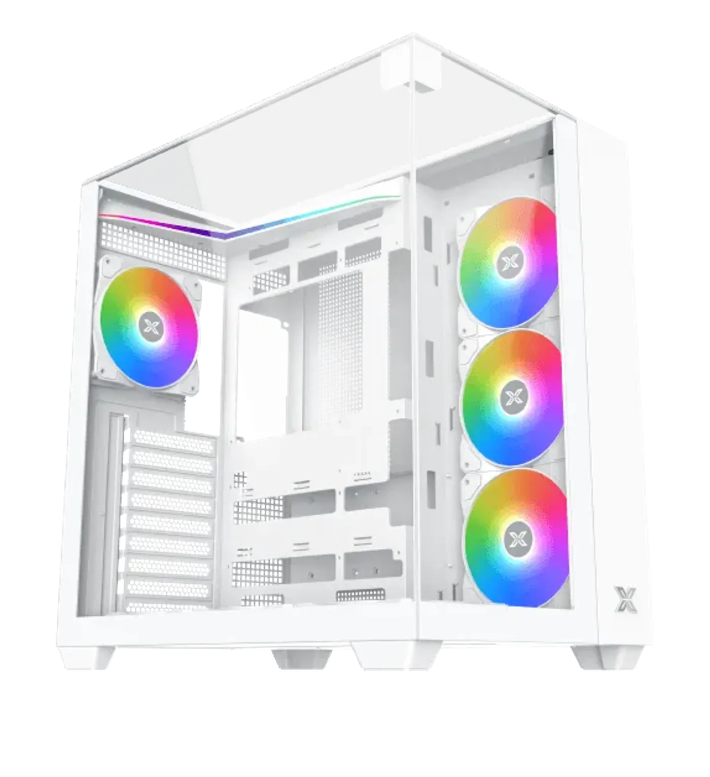 Three tempered glass panels on the white Aqua V Arctic case