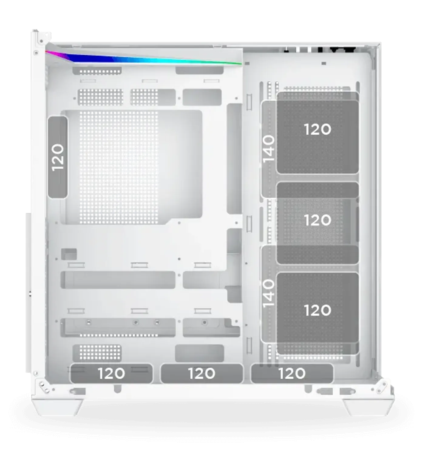 Fan mounting positions across the Aqua V Arctic gaming case