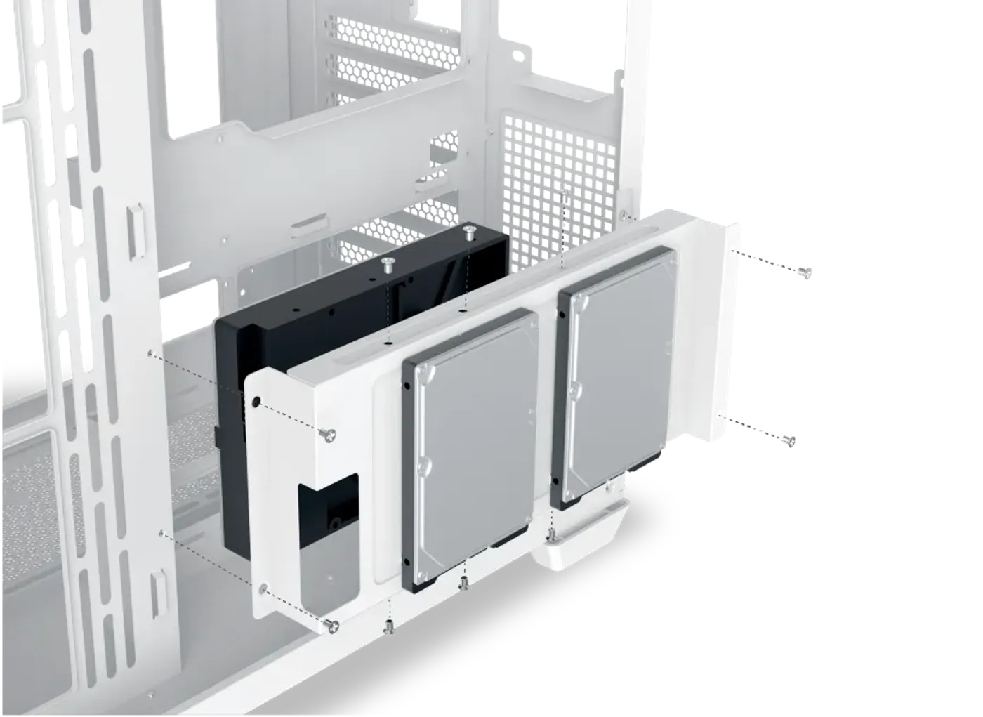 Drive cage inside the Xigmatek Aqua V Arctic case