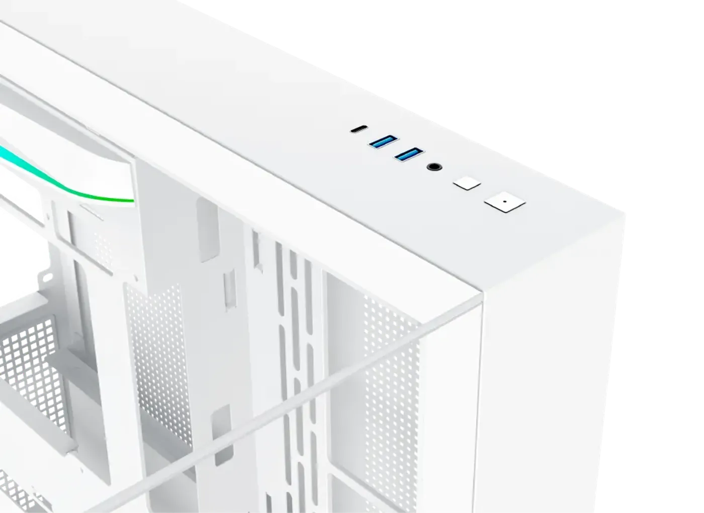 Top mounted I/O ports and light switch on the Aqua V Arctic case