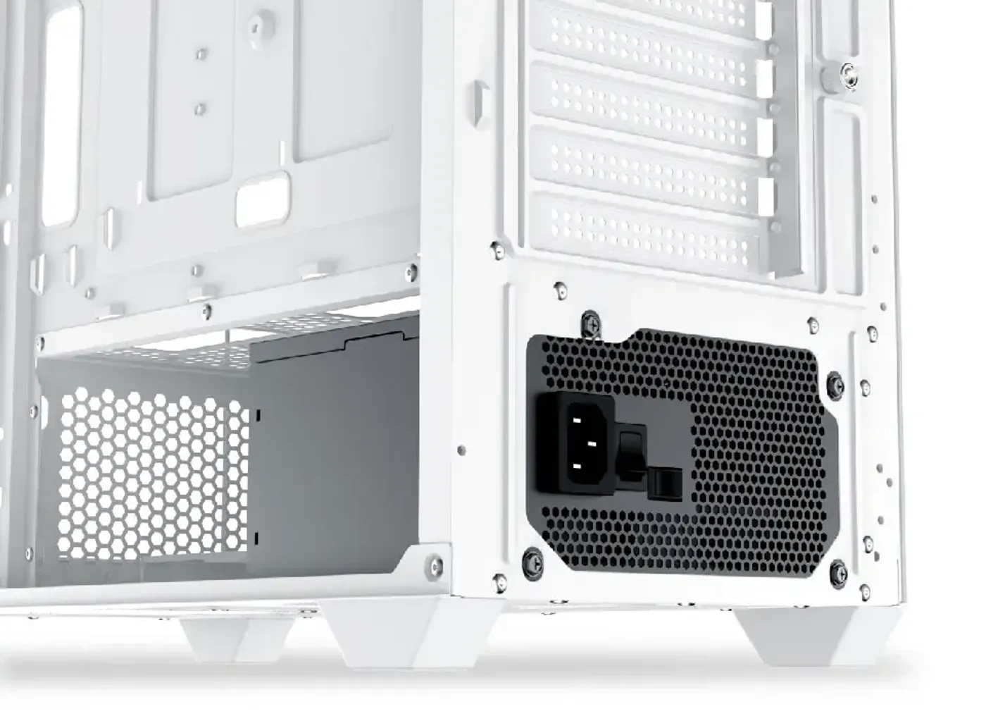 Power supply bay and shroud area inside the Xigmatek Blast Arctic