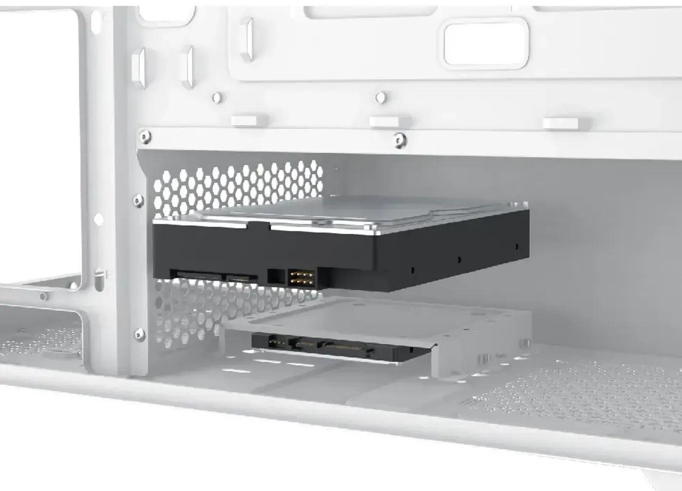 Dual-bay drive cage system inside the Xigmatek Blast Arctic mid tower