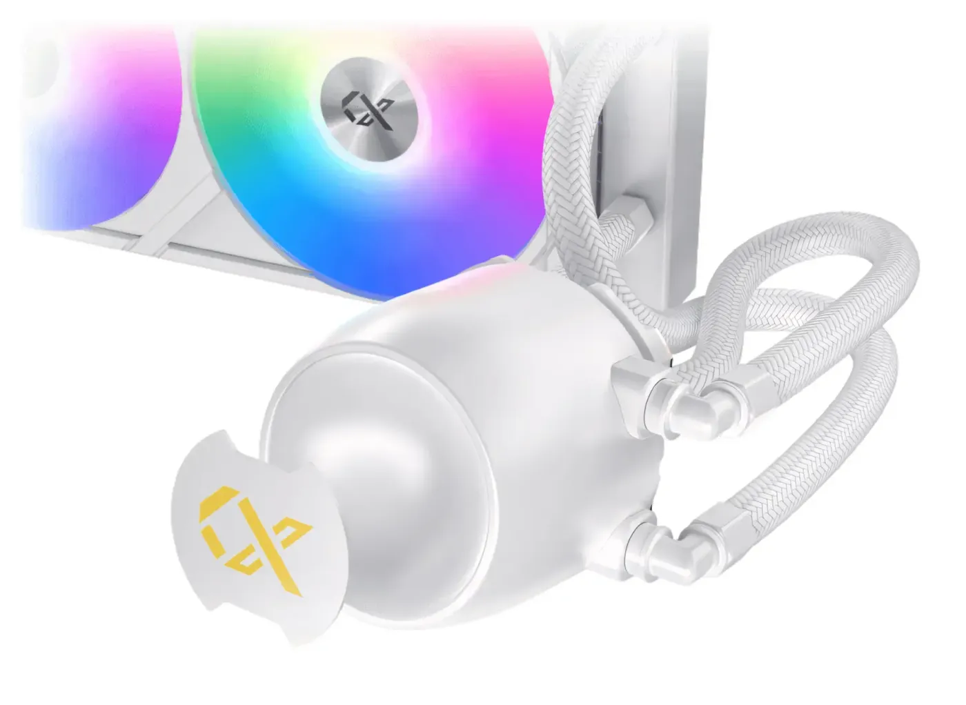 Pump head of the liquid cooler featuring a removable magnetic logo metal plate