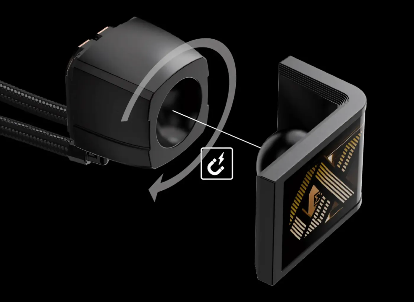 Diagram showing the magnetic AMOLED display module detached from the pump head, illustrating its removable and rotatable functionality.