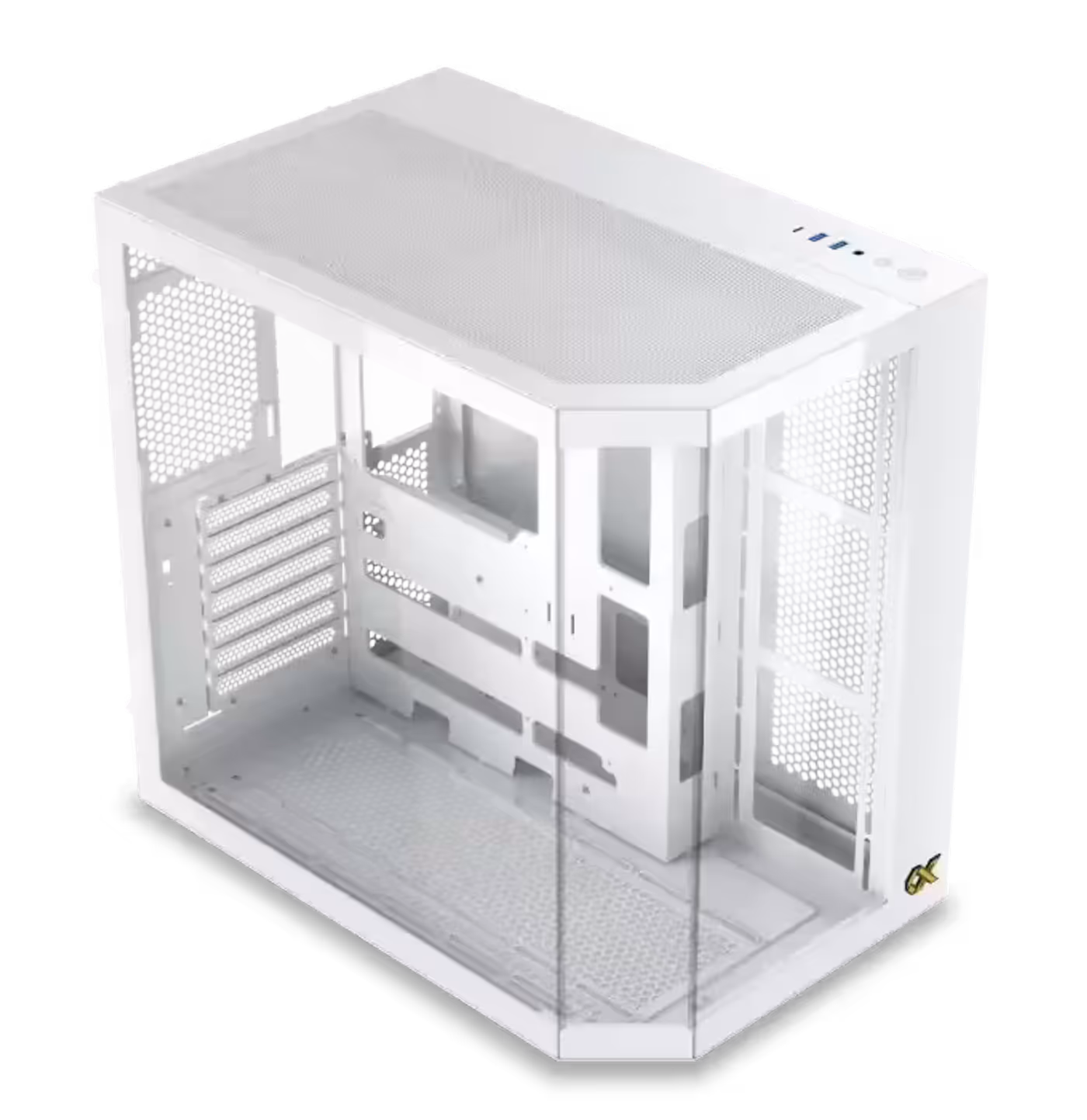 Three tempered glass panels on the white Cubi II Arctic case