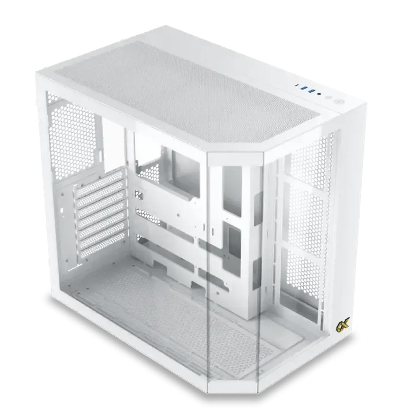 Three tempered glass panels on the white Cubi II Arctic case