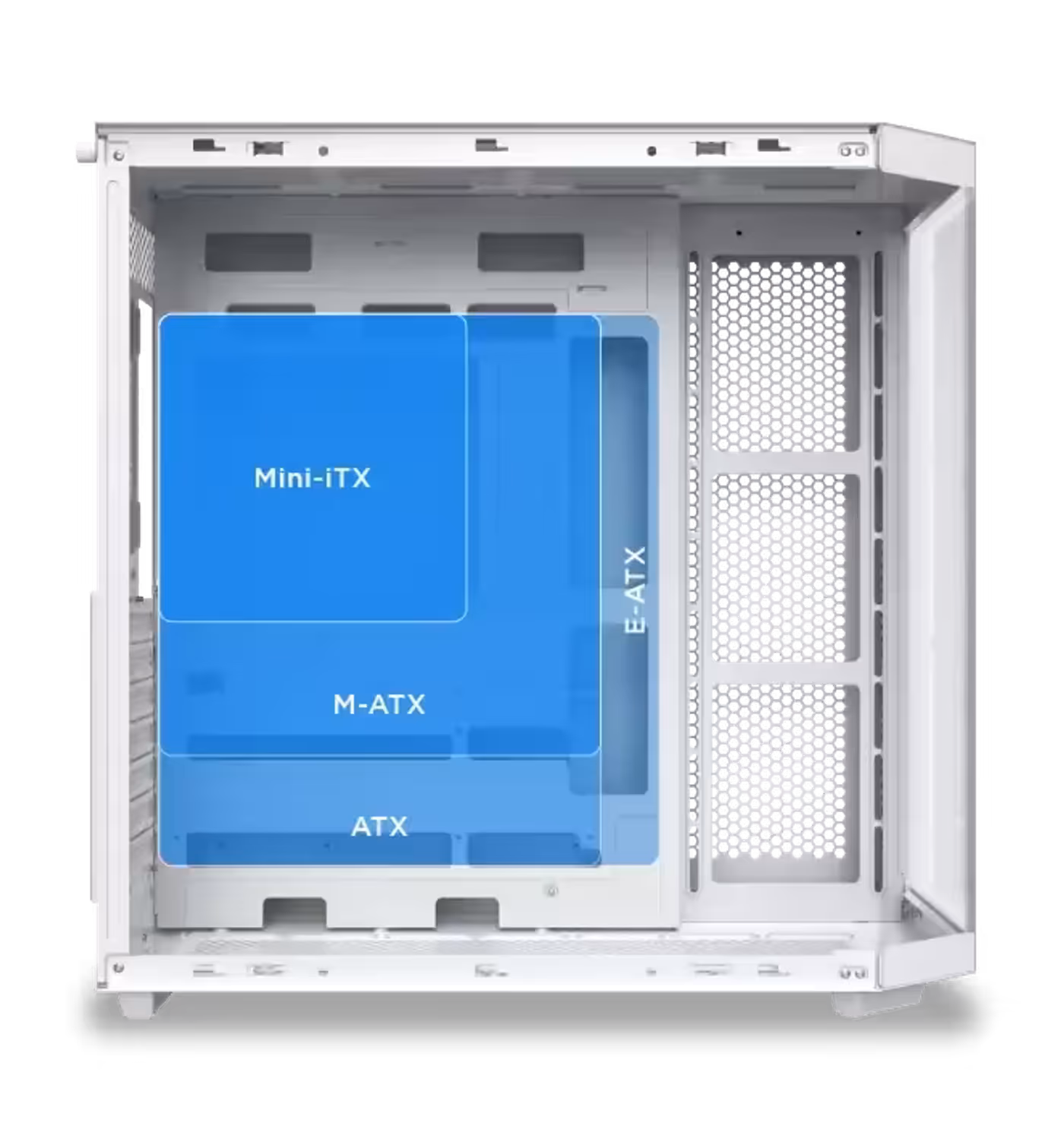 E-ATX motherboard tray inside the Cubi II Arctic case