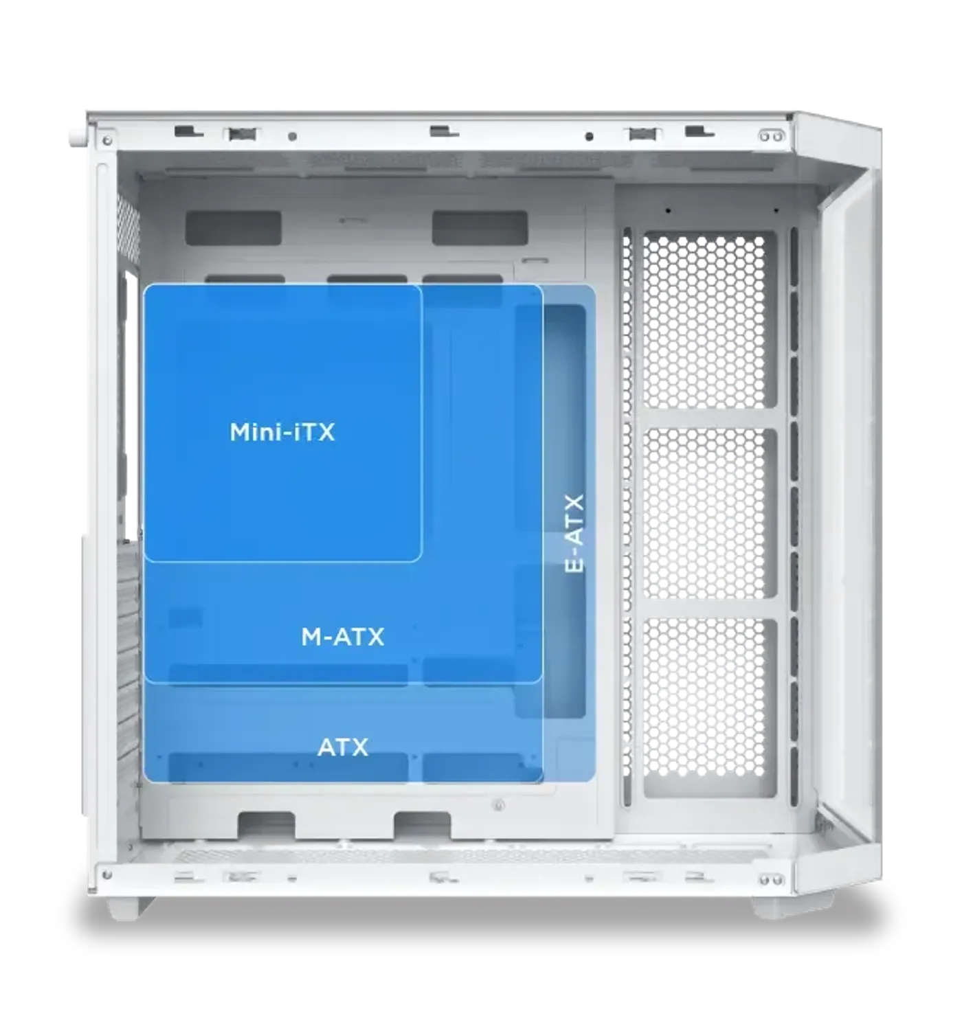 E-ATX motherboard tray inside the Cubi II Arctic case