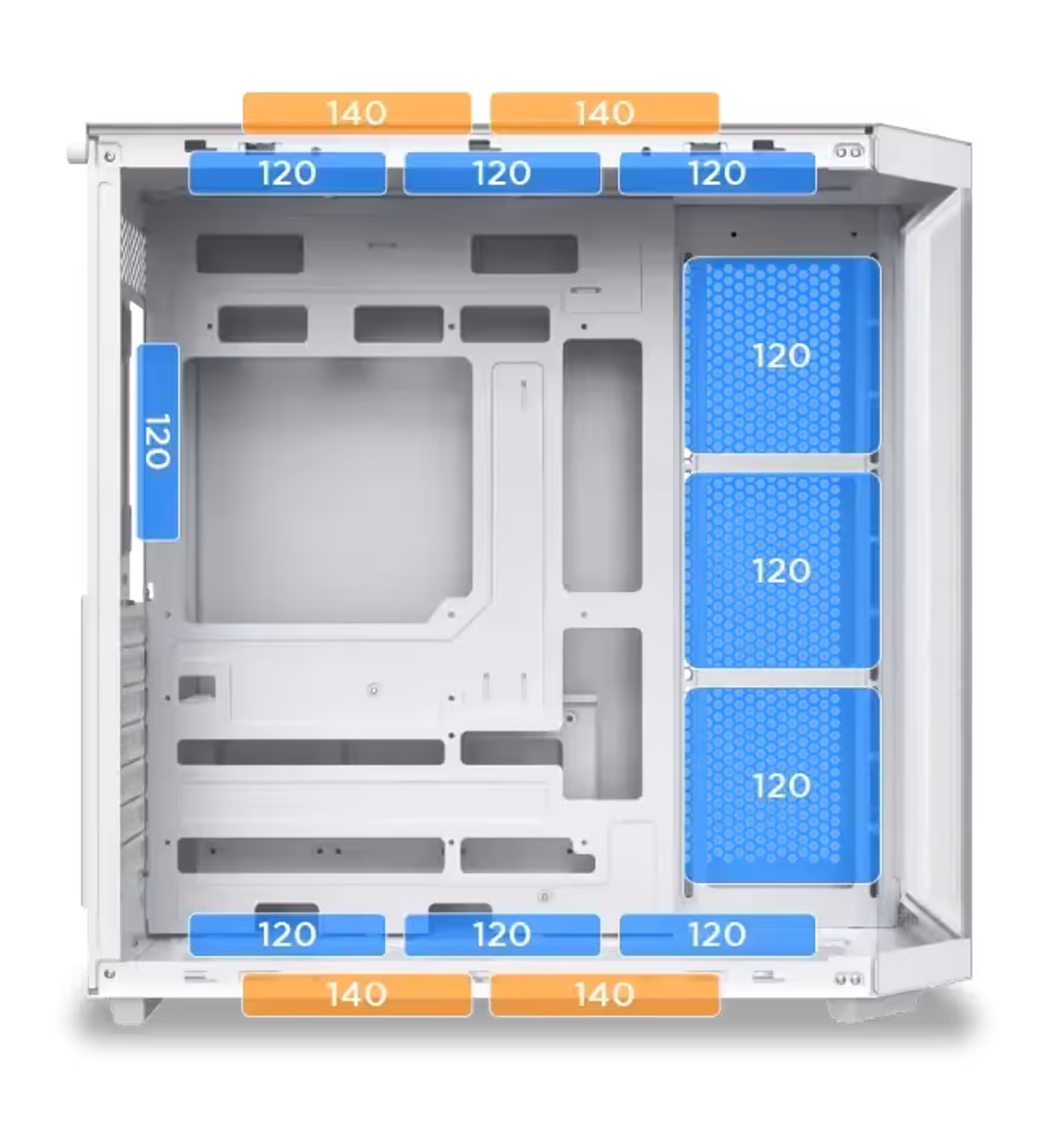 Fan mounting positions across the Cubi II Arctic gaming case