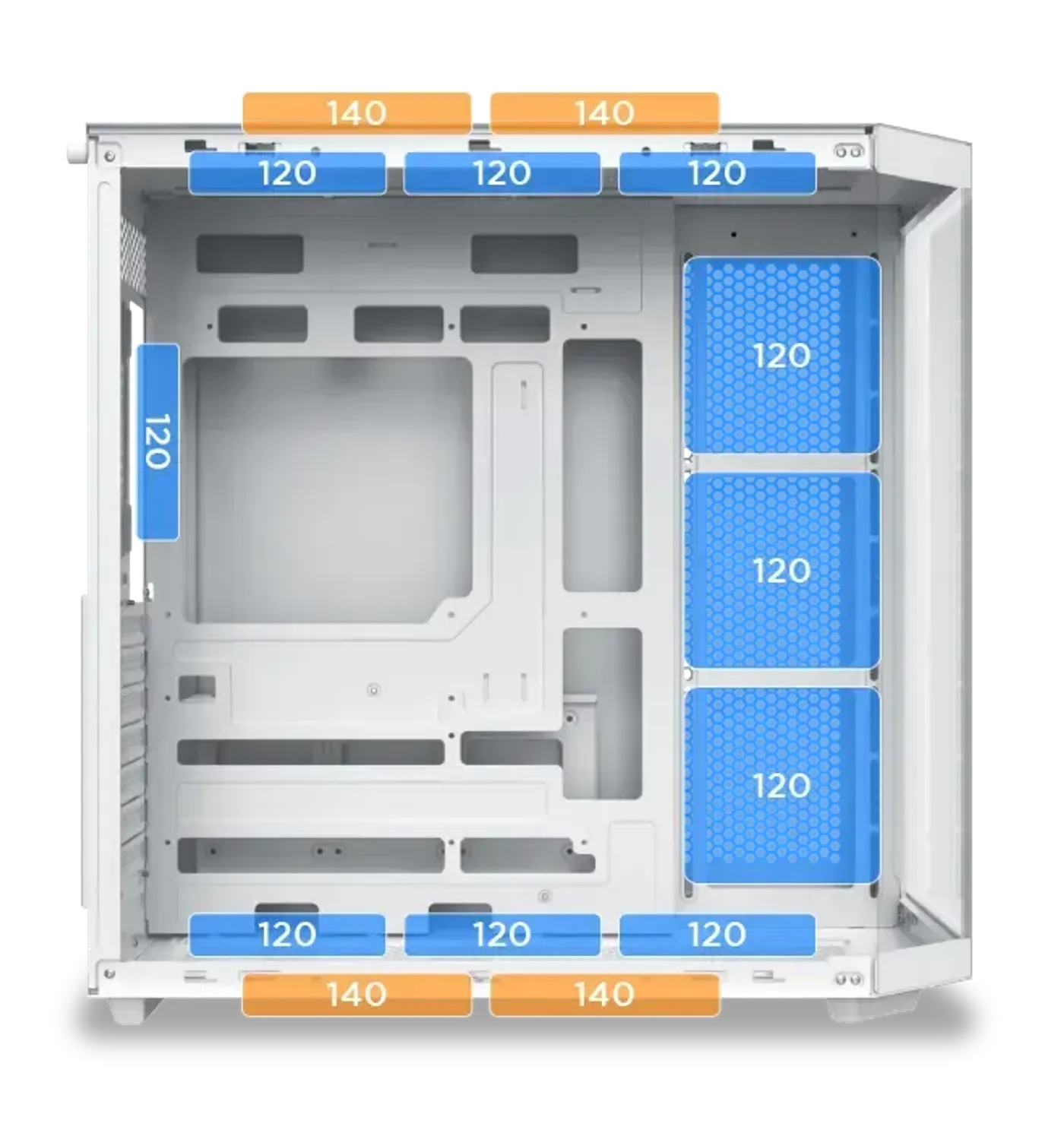 Fan mounting positions across the Cubi II Arctic gaming case