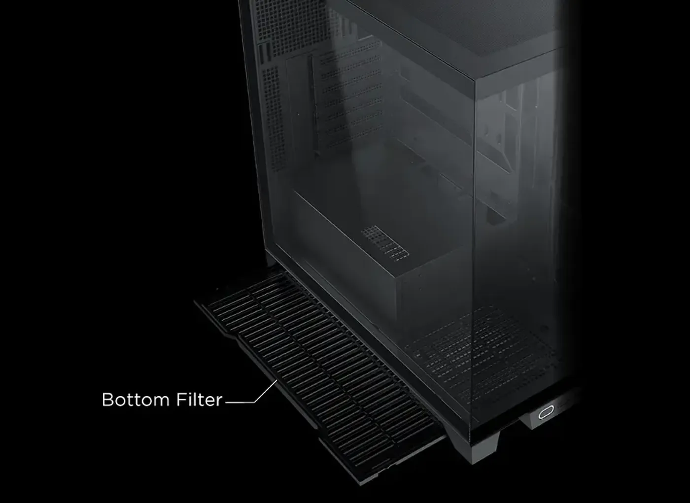 Mesh vent panel on the Xigmatek Endorphin Ultra that feeds airflow into the case