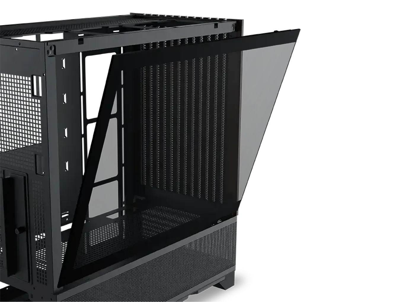 Removable tempered glass left side panel being lifted away from the Endorphin WD Air chassis