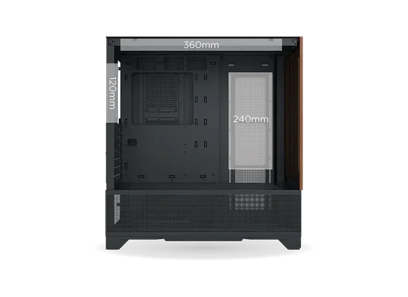 Radiator mounting positions illustrated in the roof, motherboard panel and rear of the Endorphin WD Air