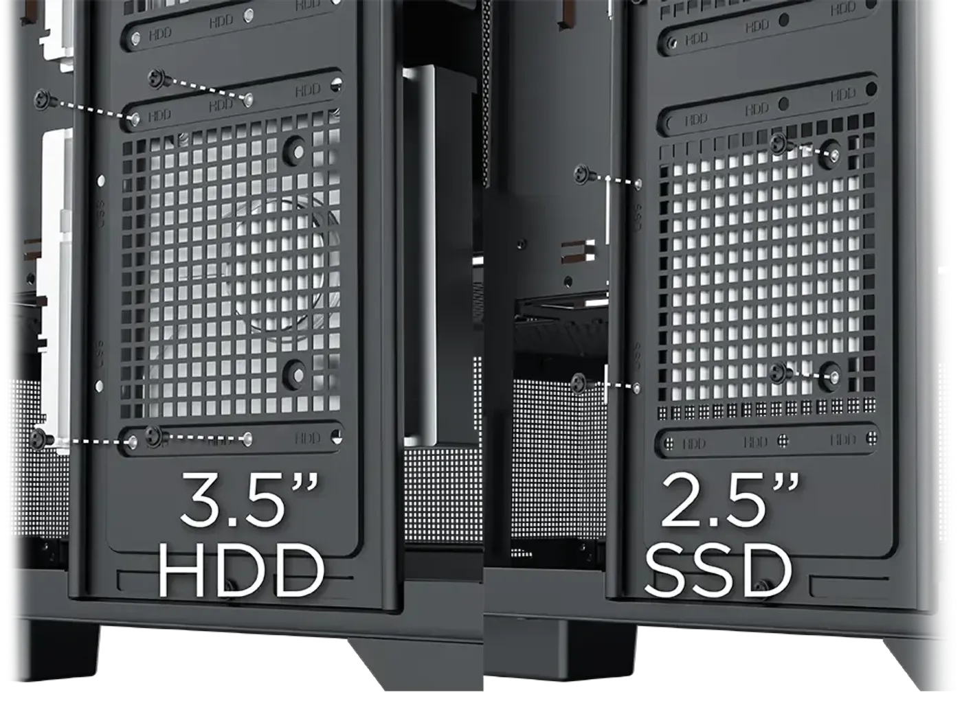 Drive bracket assembly of the Endorphin WD Air with mounting points for SSDs and hard drives