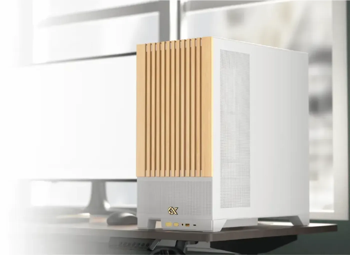 Wood front panel contrasting with the white finish of the Endorphin WD Arctic case