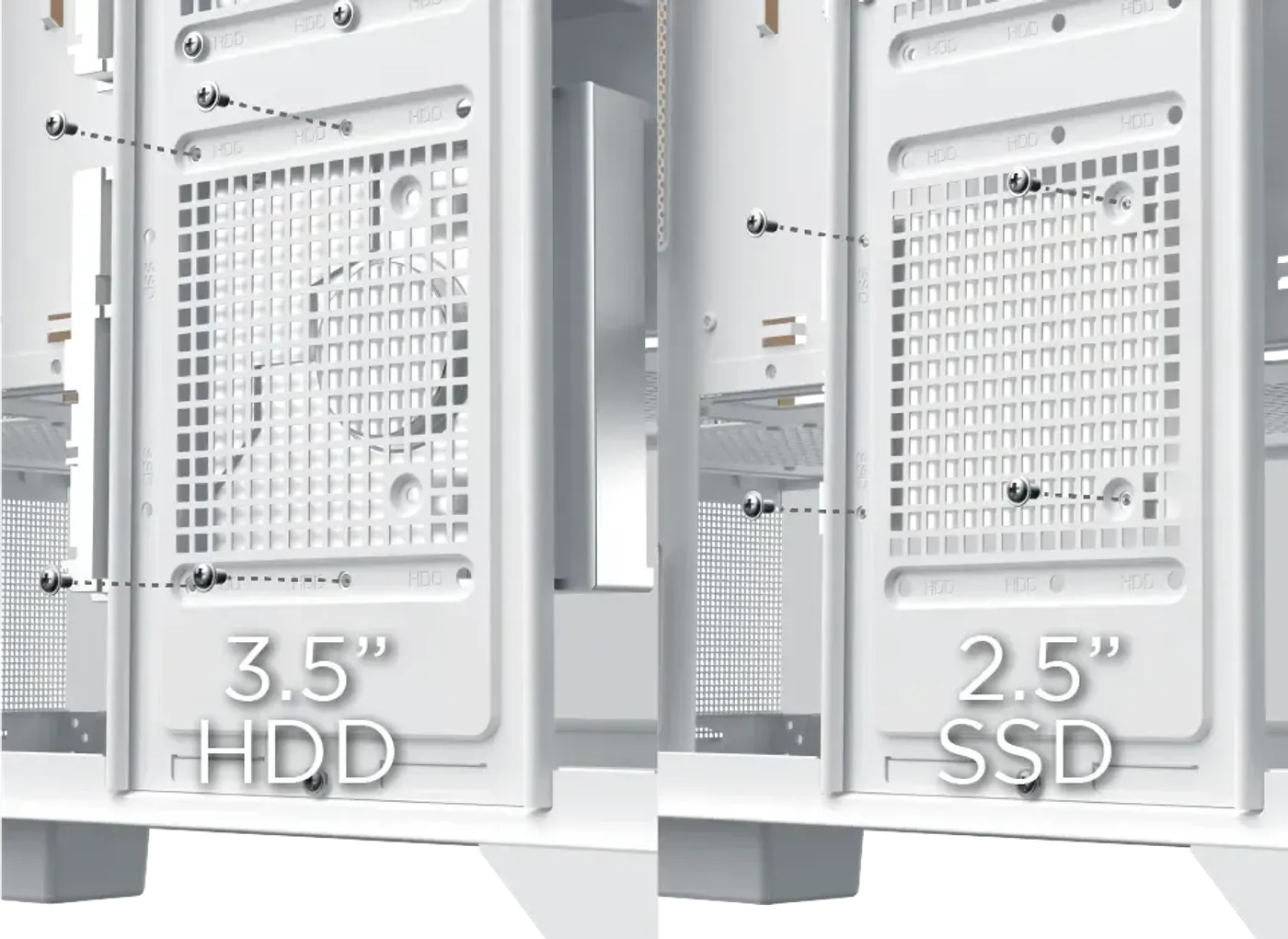 Flexible HDD and SSD mounting hardware supplied with the Endorphin WD Arctic