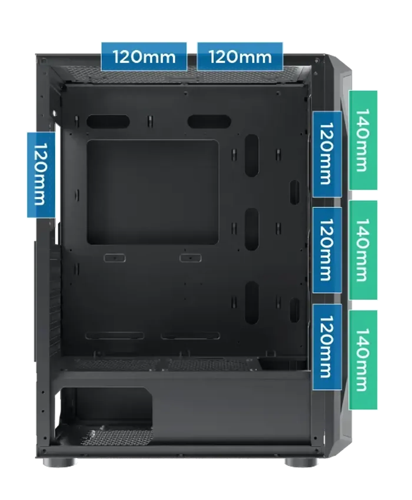Fan mounting layout of the Xigmatek Gaming X marked at the front, top and rear