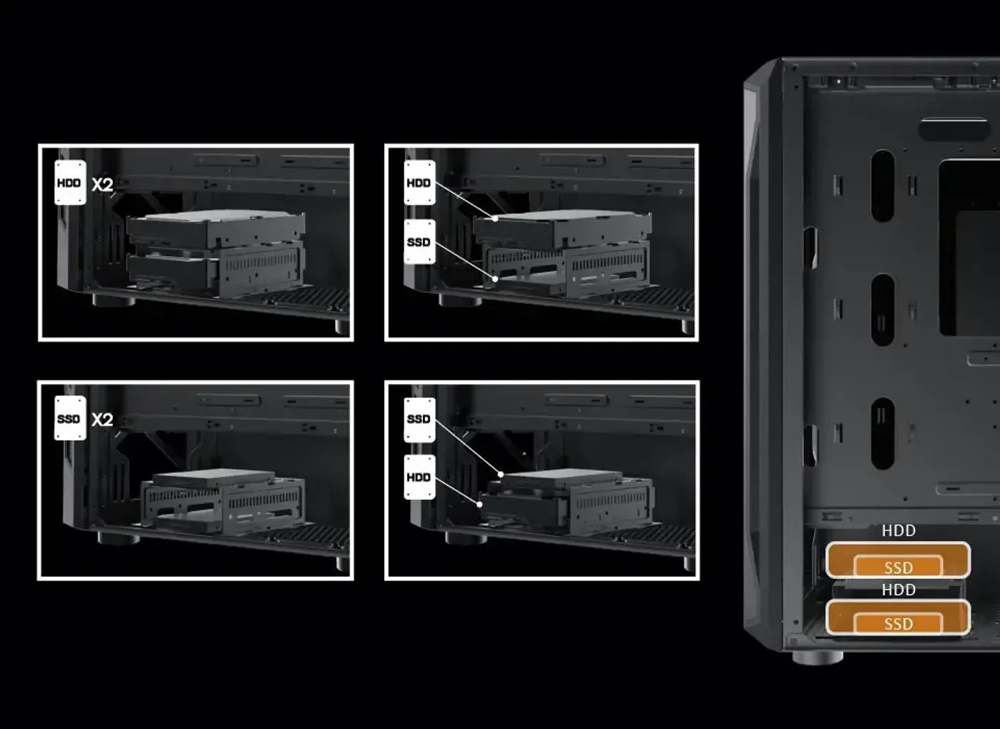Drive mounting positions for SSDs and hard drives inside the Xigmatek Gaming X