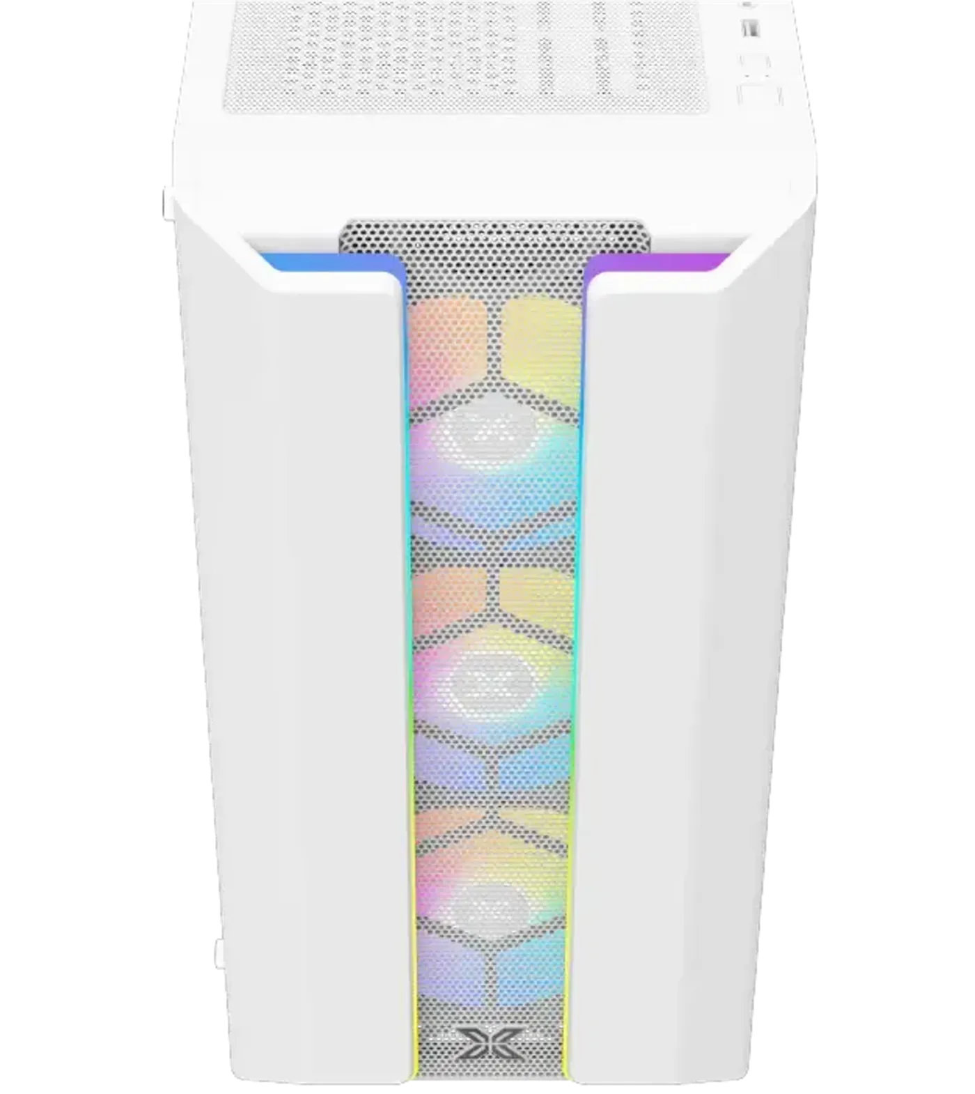 Front view of the white Gaming Y Pro Arctic showing its mesh grill and RGB lighting