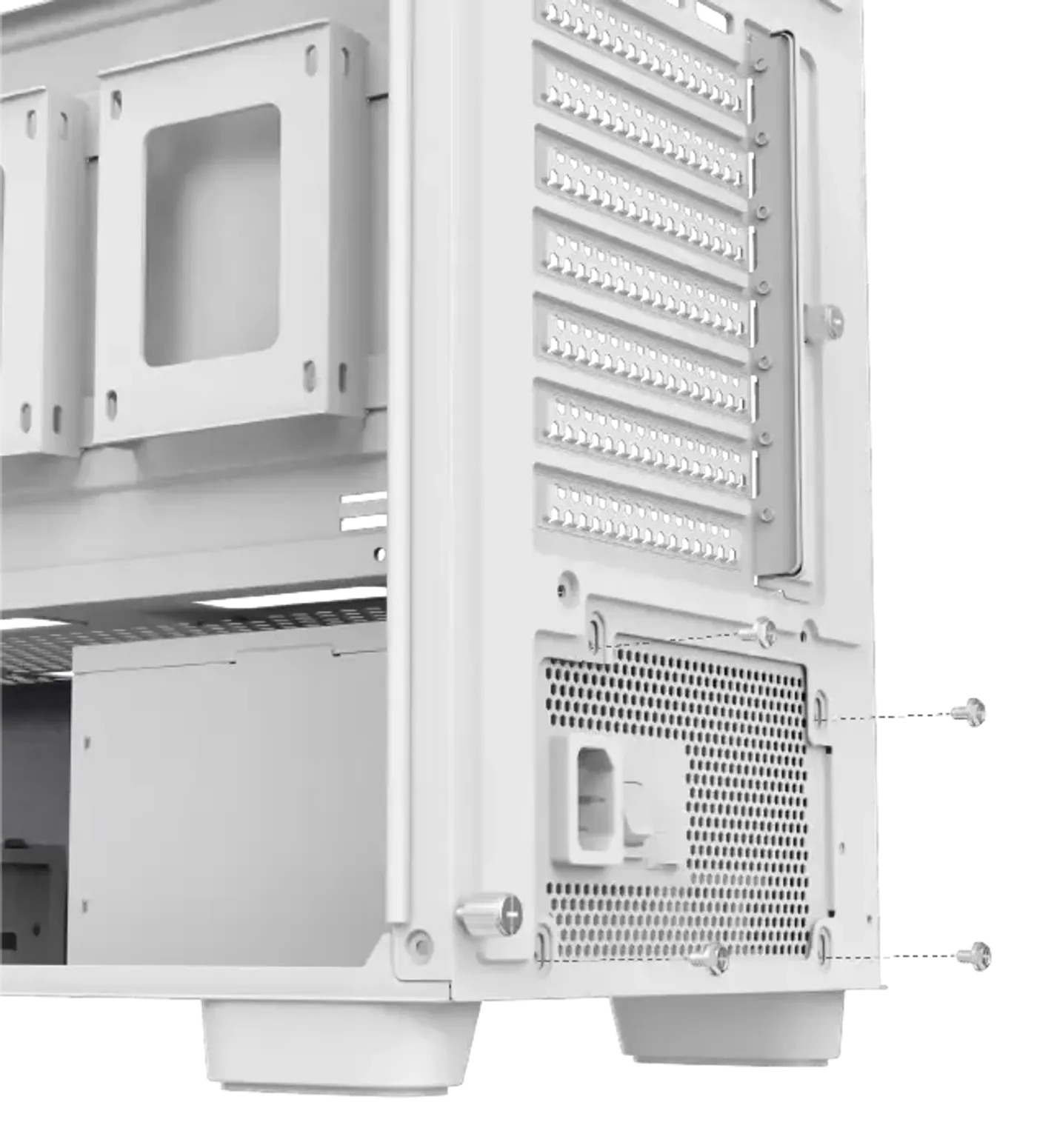 Power supply compartment of the white Xigmatek Gaming Y Pro Arctic