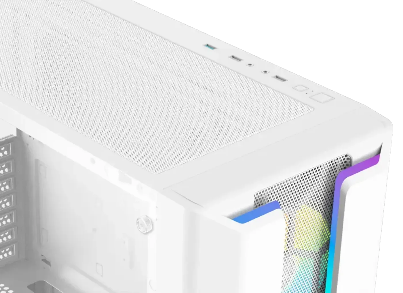 Top mount I/O ports on the white Xigmatek Gaming Y Pro Arctic