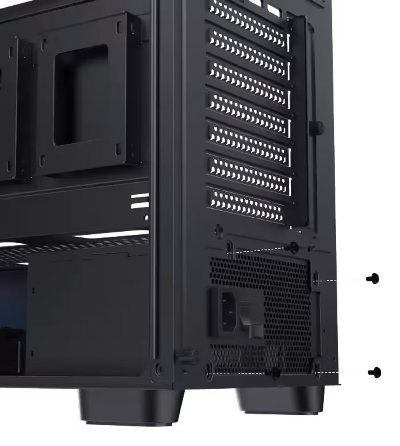 Power supply bay of the Gaming Y Pro sized for units up to 220mm