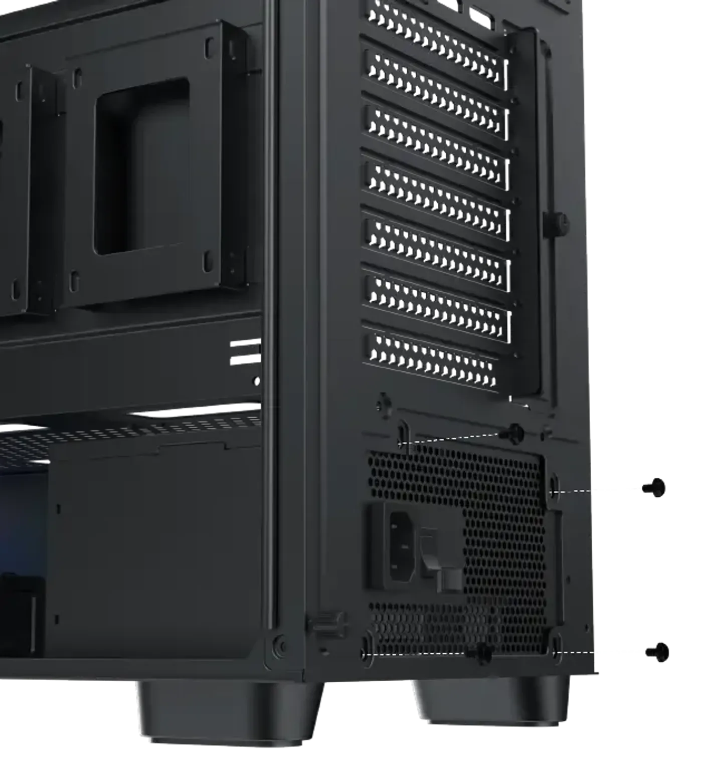Power supply bay of the Gaming Y Pro sized for units up to 220mm