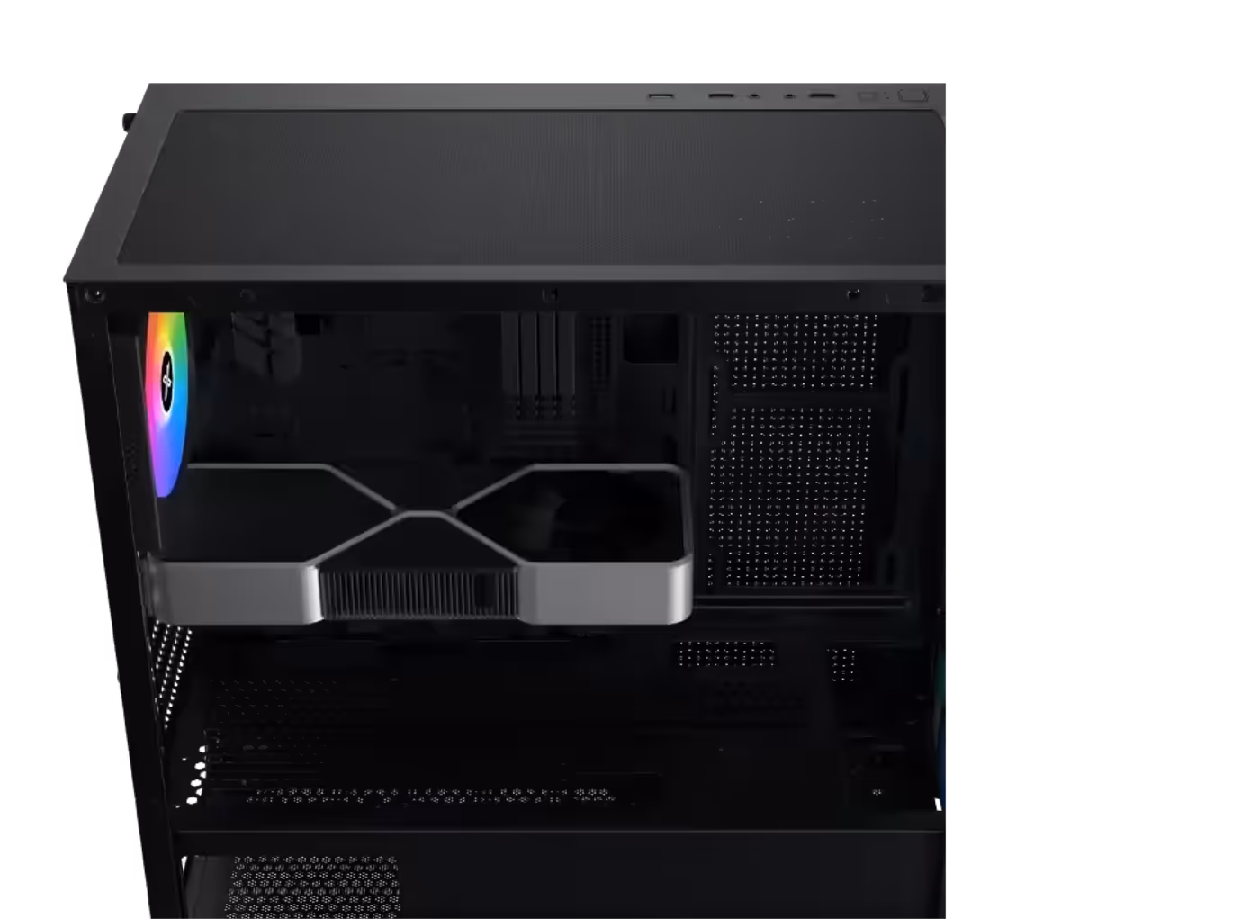 Graphics card length limits shown inside the Xigmatek Gaming Y Pro with and without a motherboard panel fan