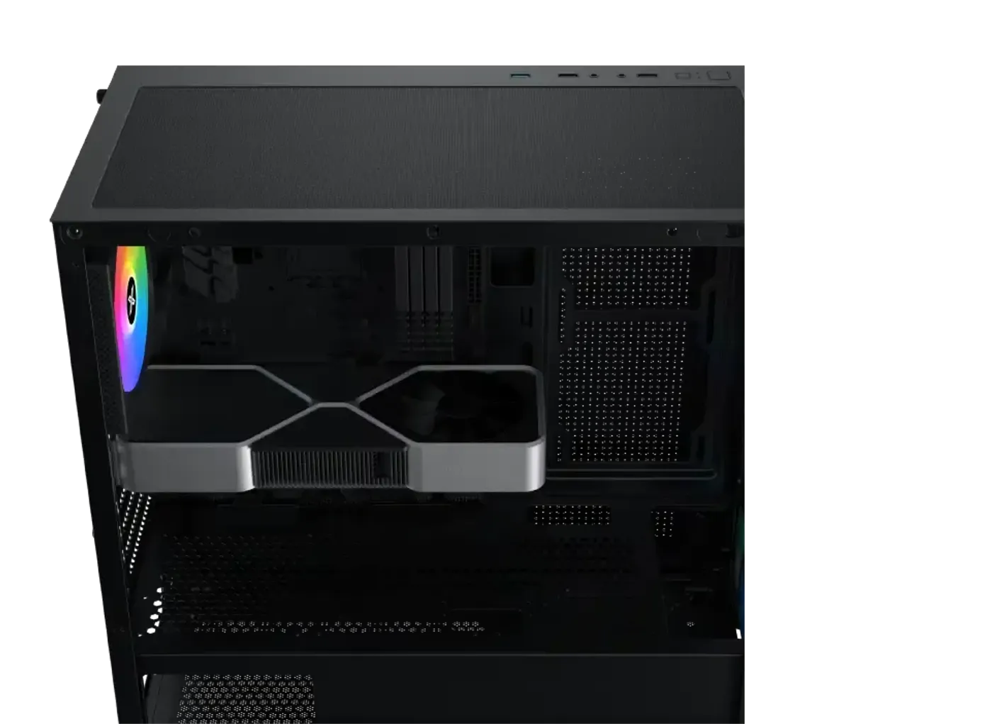 Graphics card length limits shown inside the Xigmatek Gaming Y Pro with and without a motherboard panel fan