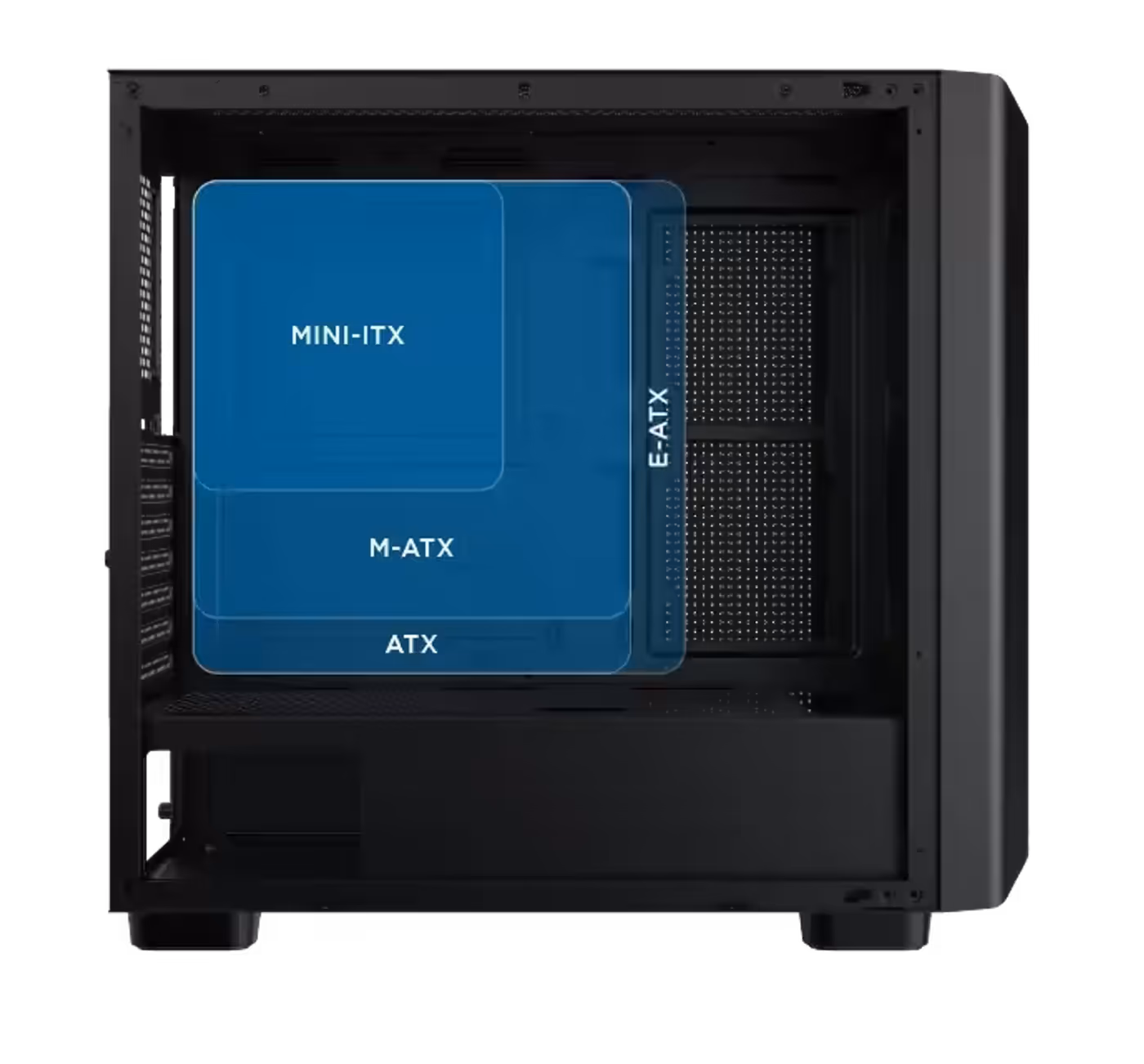 Motherboard tray of the Gaming Y Pro showing support for boards up to E-ATX