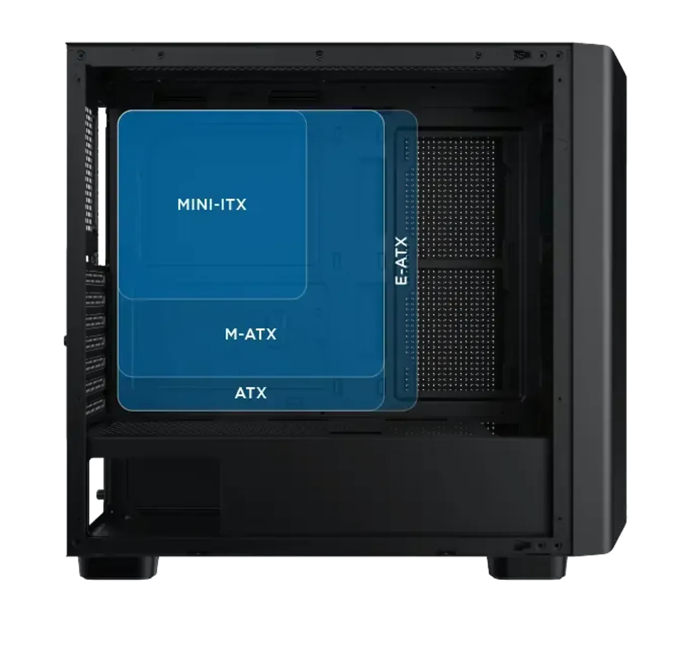 Motherboard tray of the Gaming Y Pro showing support for boards up to E-ATX