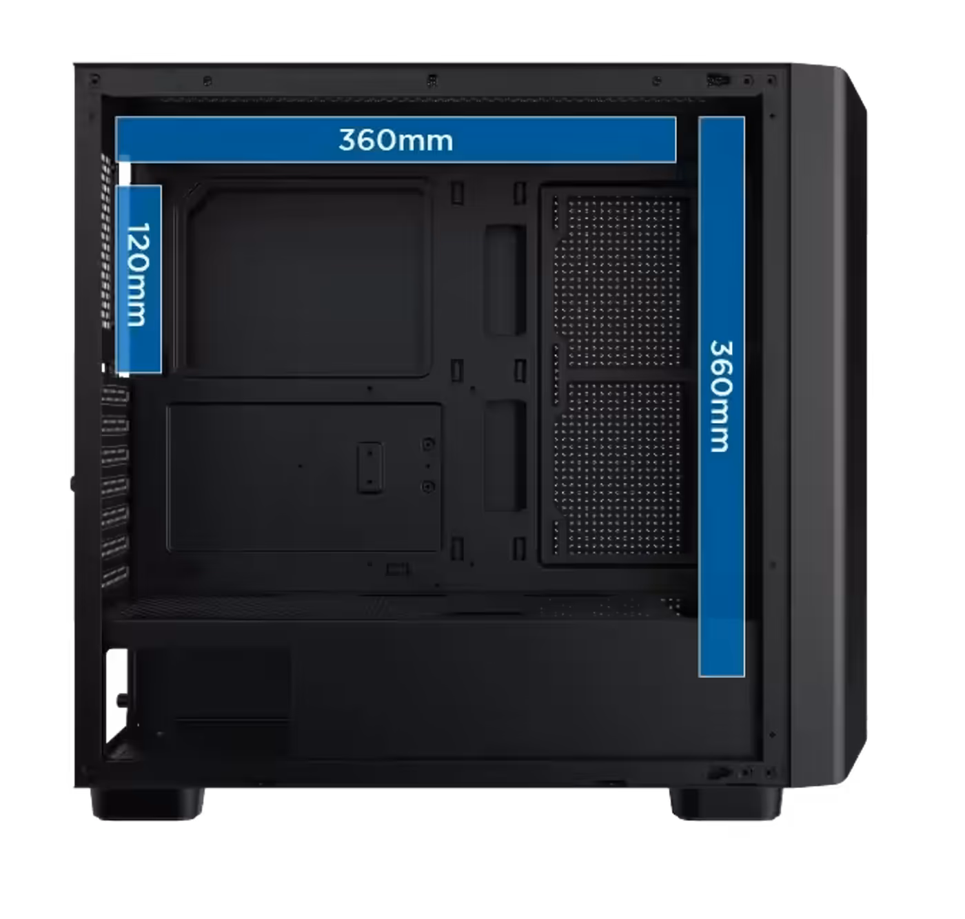 Radiator mounting positions at the front, top and rear of the Xigmatek Gaming Y Pro