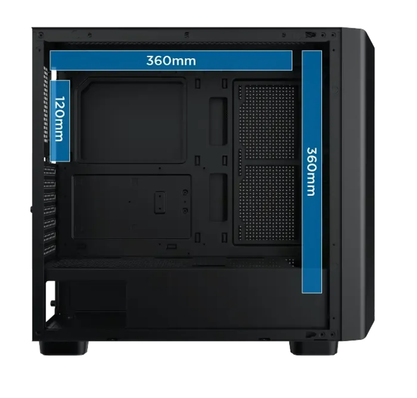 Radiator mounting positions at the front, top and rear of the Xigmatek Gaming Y Pro