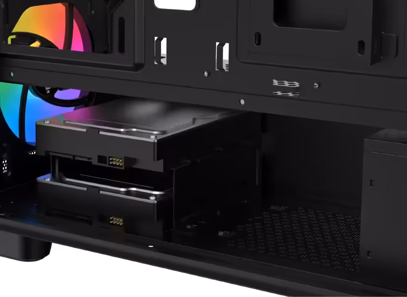 Hard drive cages fitted in the lower and upper sections of the Gaming Y Pro chassis
