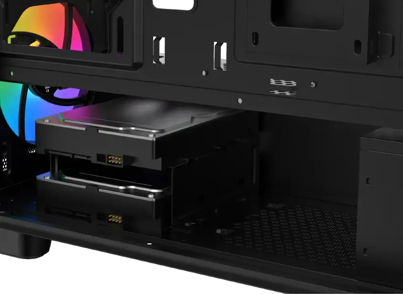 Hard drive cages fitted in the lower and upper sections of the Gaming Y Pro chassis