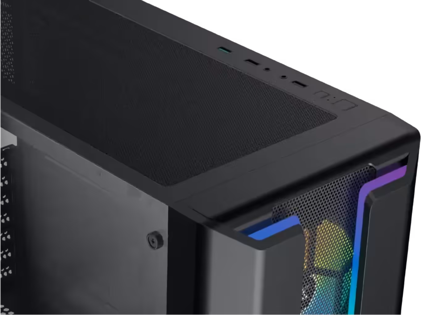 Top mounted I/O panel of the Gaming Y Pro with USB 2.0, USB 3.0, audio jack and power button