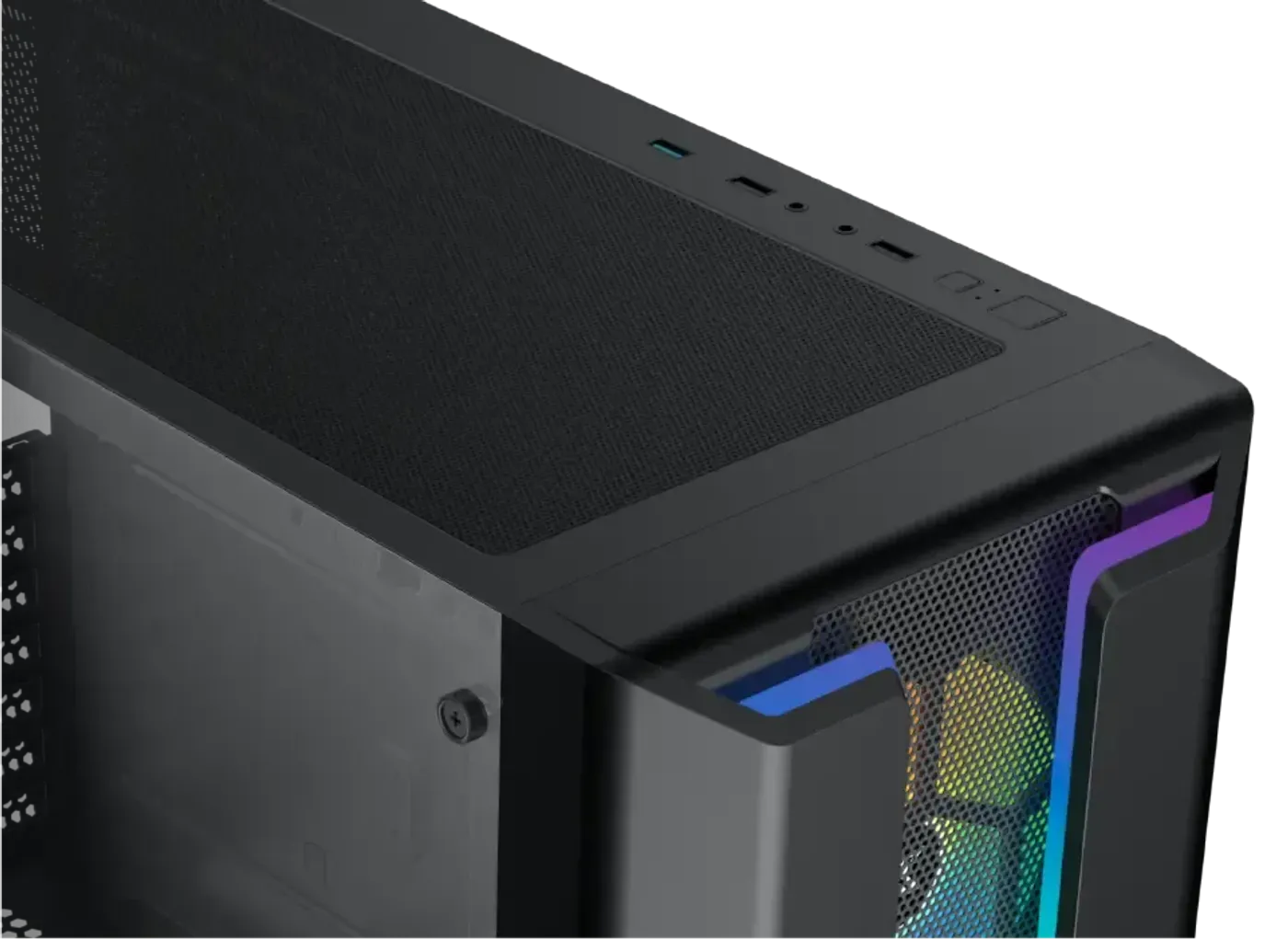 Top mounted I/O panel of the Gaming Y Pro with USB 2.0, USB 3.0, audio jack and power button