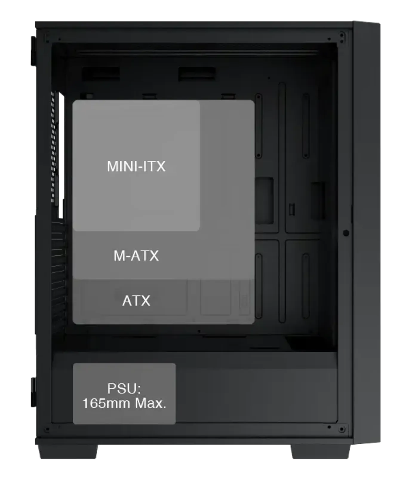 Power supply bay and ATX motherboard area inside the Xigmatek Lux G