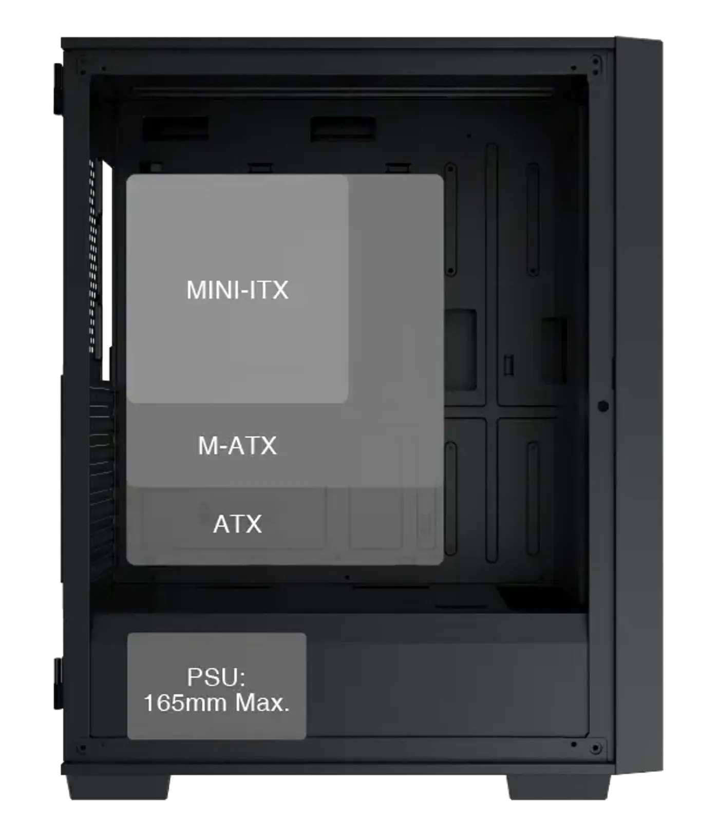 Drive bay area of the Xigmatek Lux G with slots for 2.5-inch and 3.5-inch drives