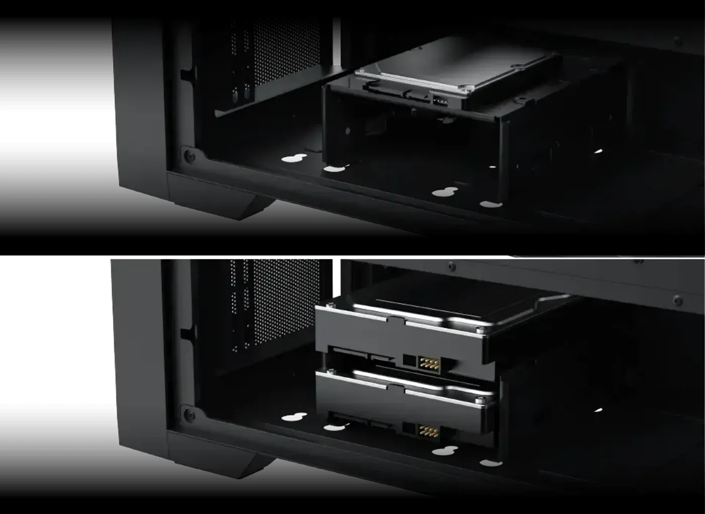 Hard drive cage positions inside the Xigmatek Master X II Pro case