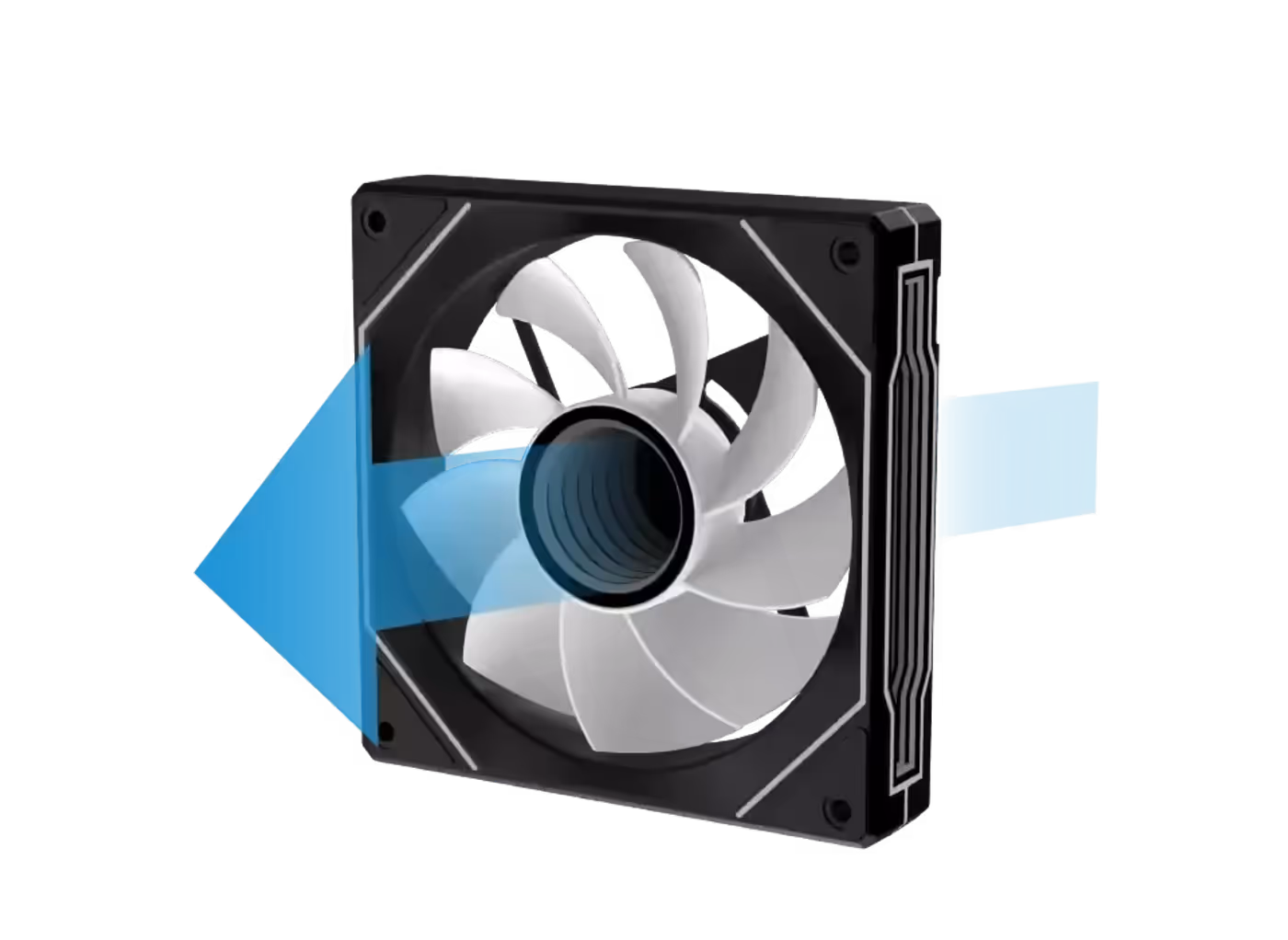 Reverse blade fan pre-installed on the motherboard panel of the Meta case
