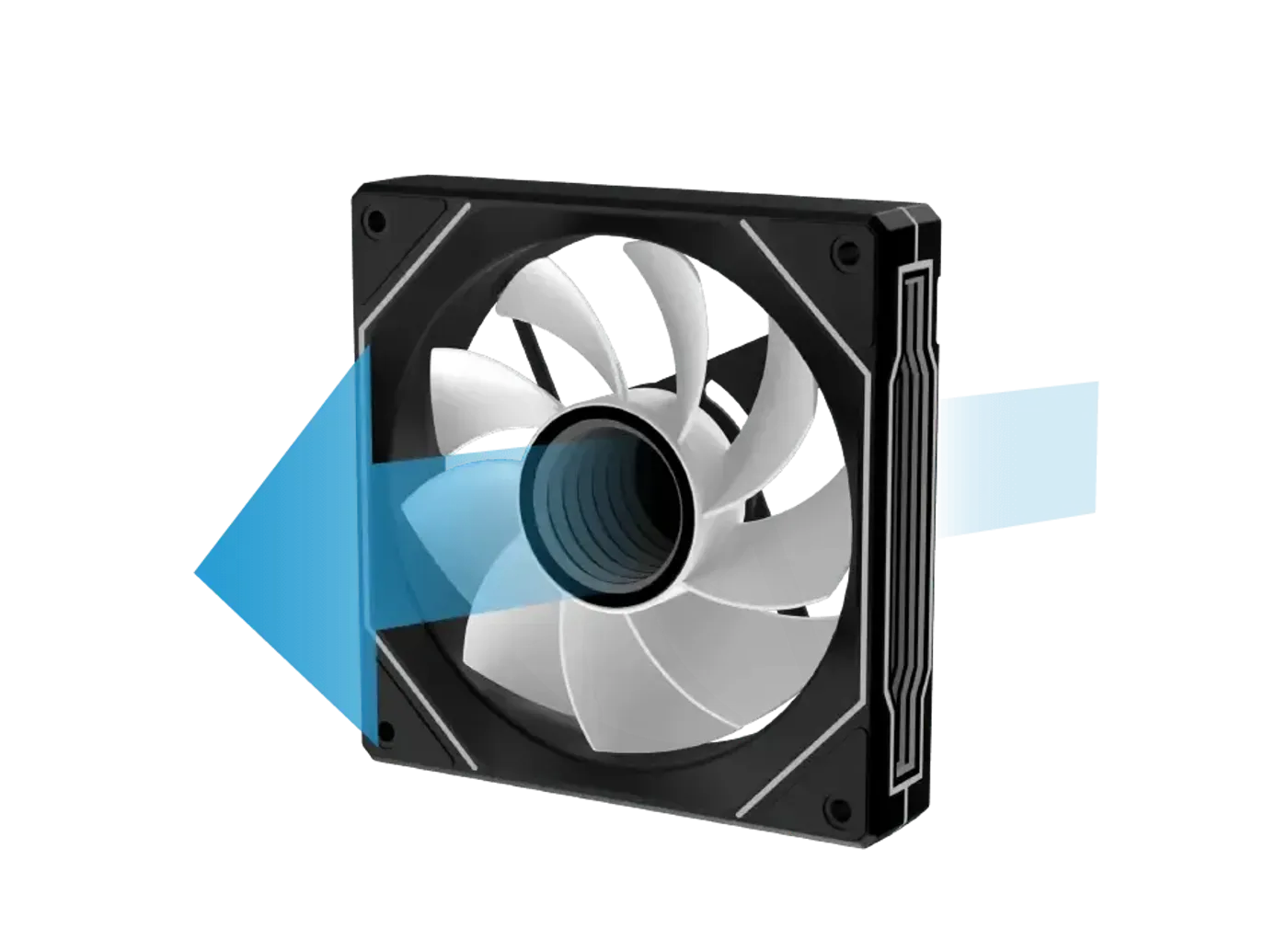 Reverse blade fan pre-installed on the motherboard panel of the Meta case