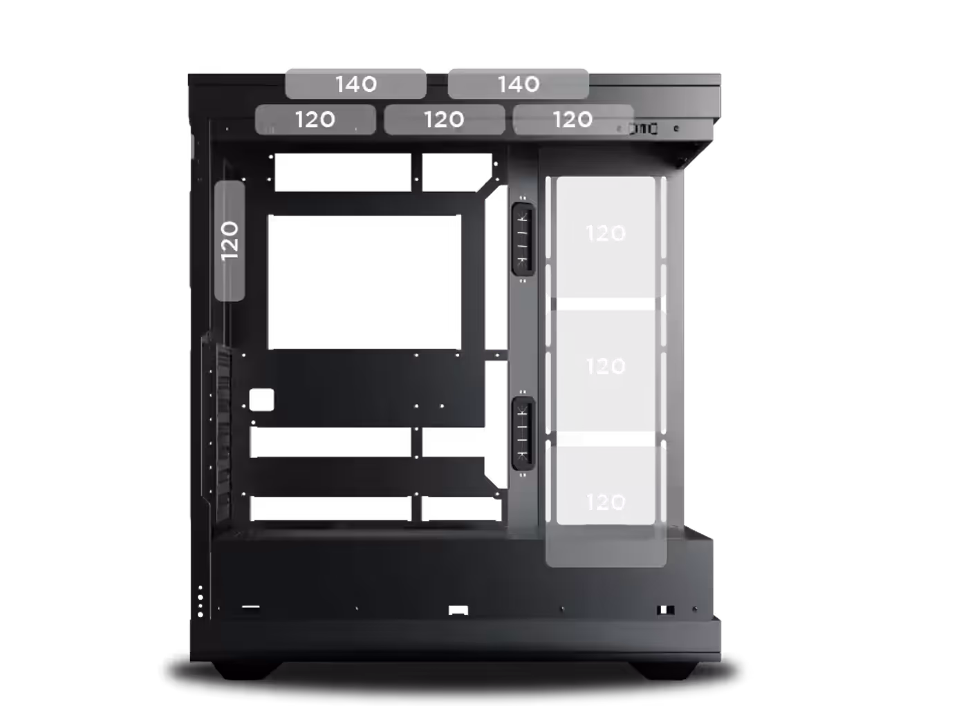 Fan mounting positions across the Xigmatek Meta gaming case