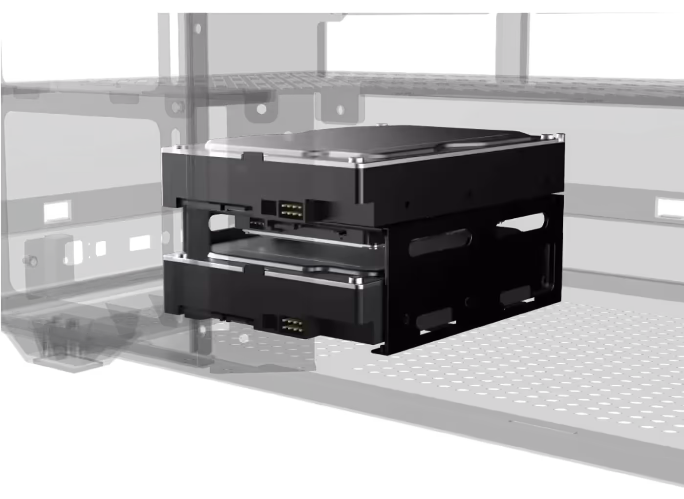 Hard drive cage for two 3.5-inch drives in the Xigmatek Meta case